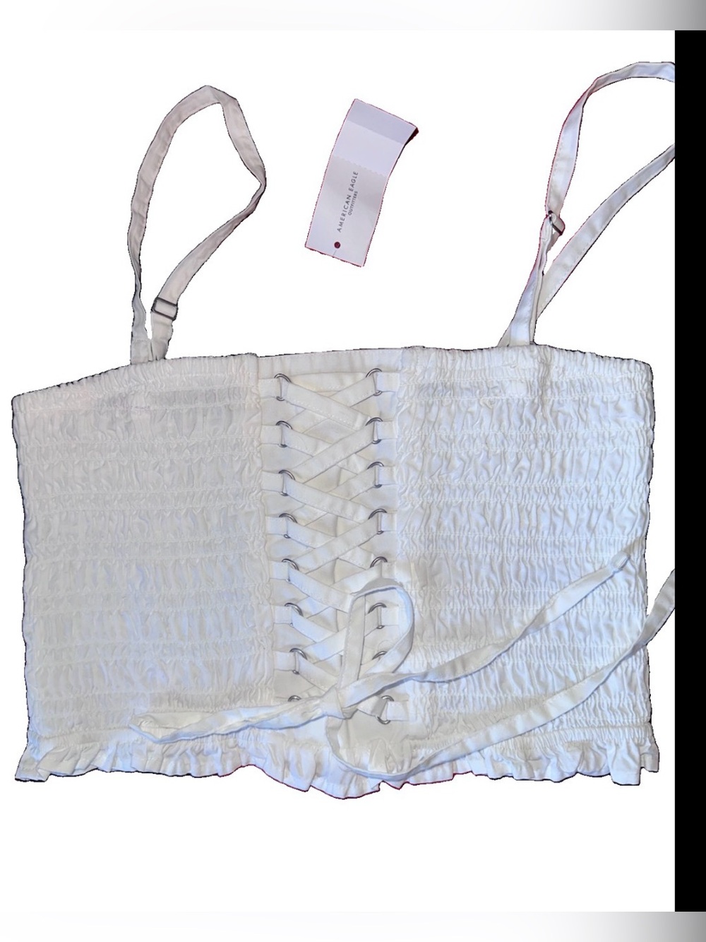 American Eagle Outfitters White Smocked Lace-Up Crop Cami